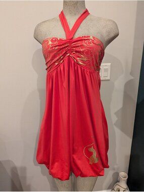 Y2K Baby Phat Halter dress With Gold Cat Logo hot pink Bubble Hem 2000s Sz L